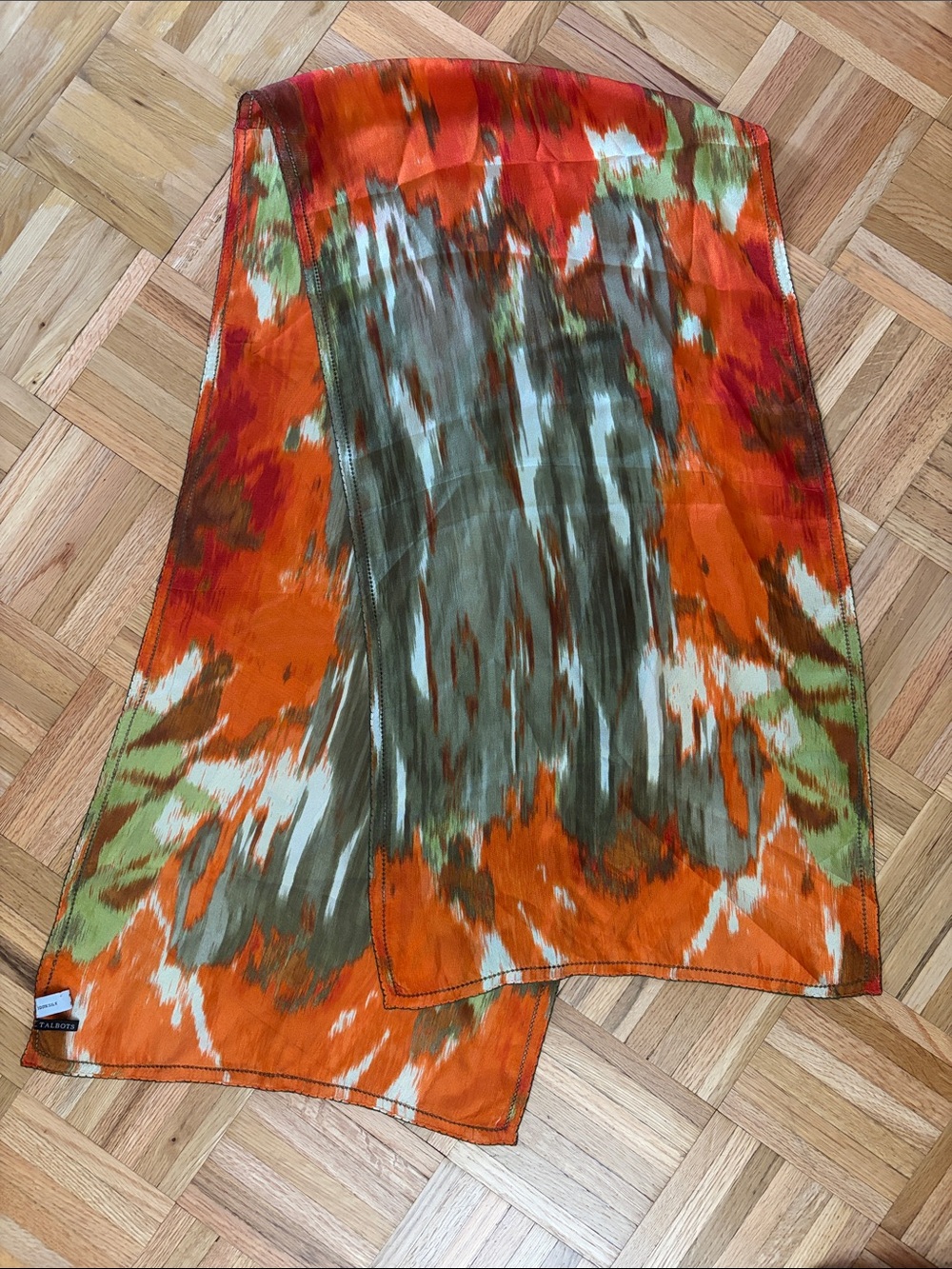 VTG Talbots 63” SILK Scarf - Orange & Olive - PRISTINE CONDITION!